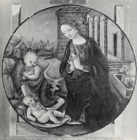 Anonimo — Anonimo fiorentino - sec. XV - Madonna in adorazione del Bambino con san Giovannino — insieme
